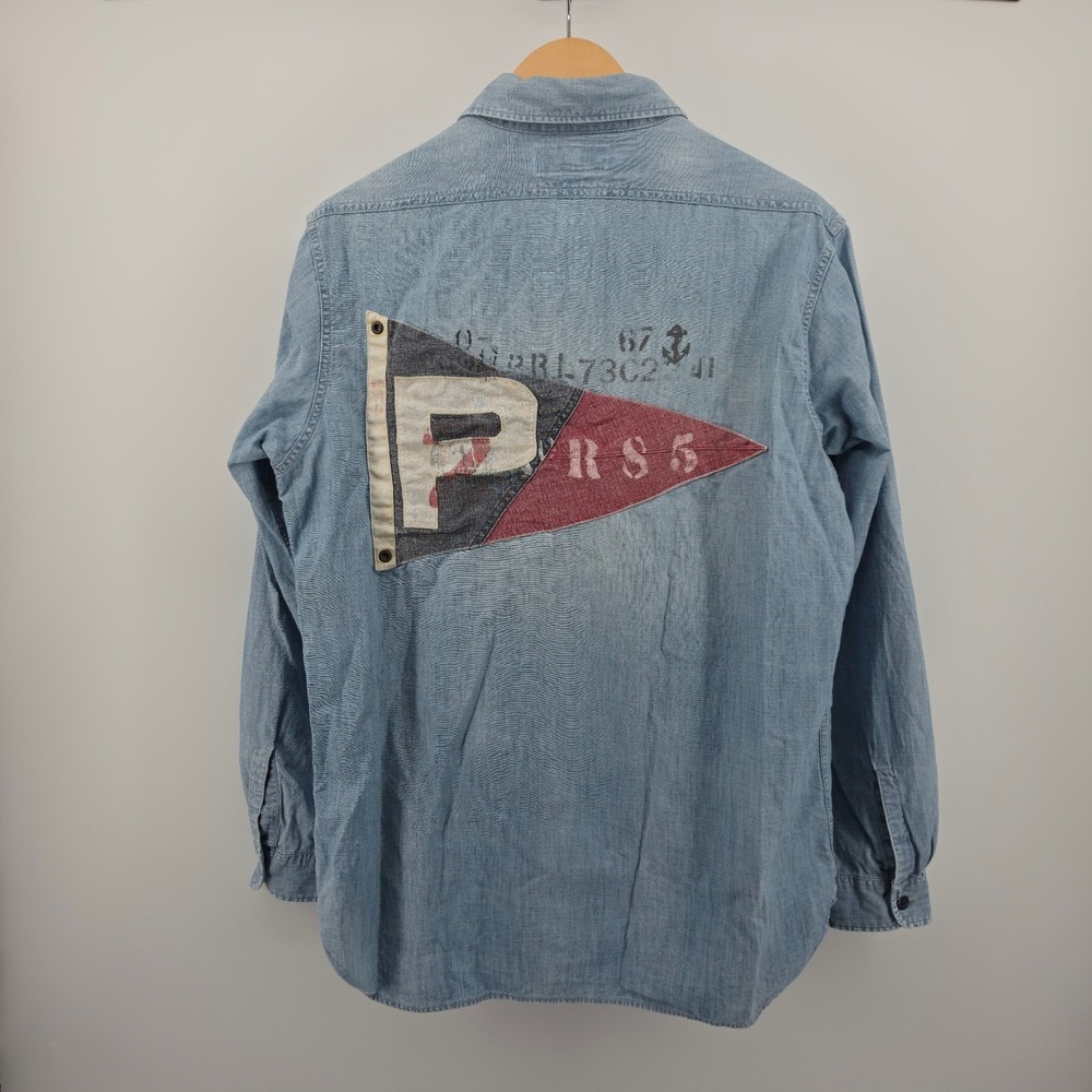 Polo Ralph Lauren Mens Large Blue Chambray Nautical Pennant Sailing Shirt L